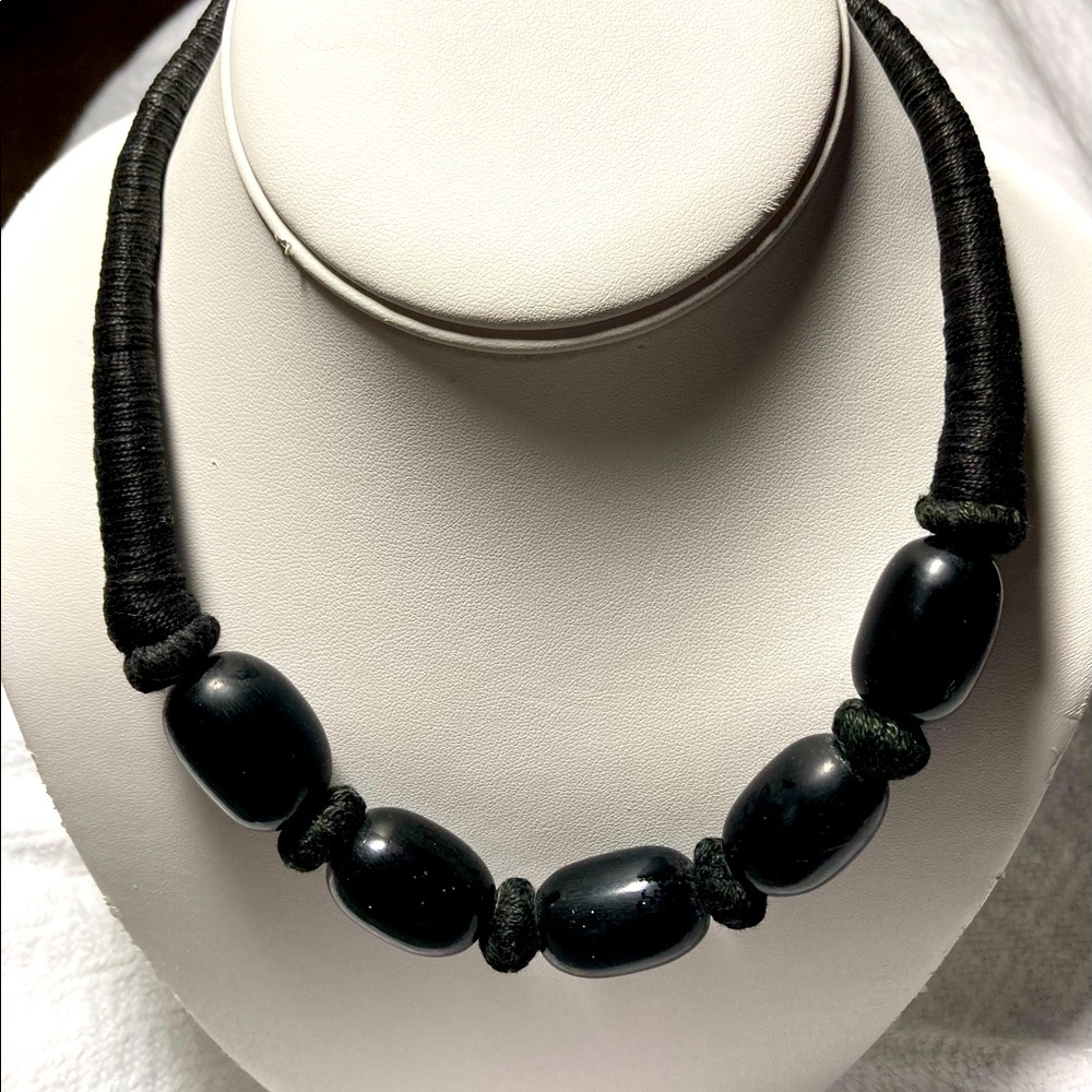 Black wooden beads with a thick twine necklace. #1108